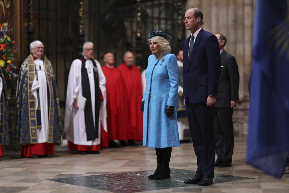 FILE - Britain's Queen Camilla and Prince William, the Prince of Wales attend the annual Commonwealth Day Service of Celebration at Westminster Abbey, in London, Monday, March 11, 2024. Camilla has emerged as one of the monarchy’s most prominent emissaries. Increasing her schedule of appearances, the queen played a crucial role in keeping the royal family in the public eye. (Geoff Pugh/Pool Photo via AP, File)