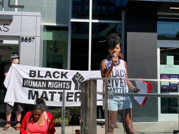 Bowden speaks during a Black Lives Matter rally in Halifax. She says she's hopeful that the next generation will help make real change.