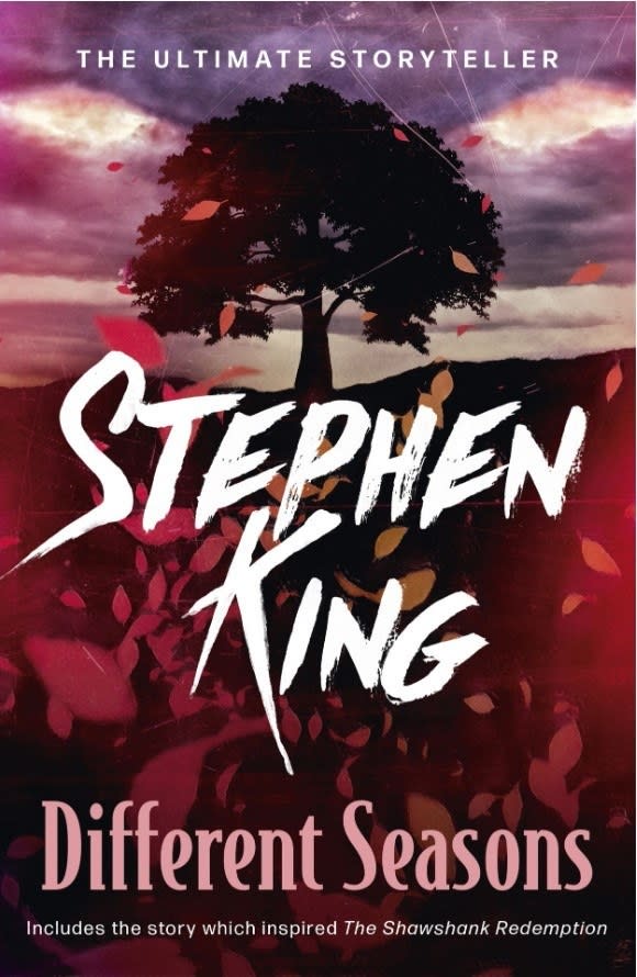 A book cover featuring a silhouette of a tree against a purple sky, with red leaves falling. The words "Stephen King, Different Seasons" sit atop the falling leaves