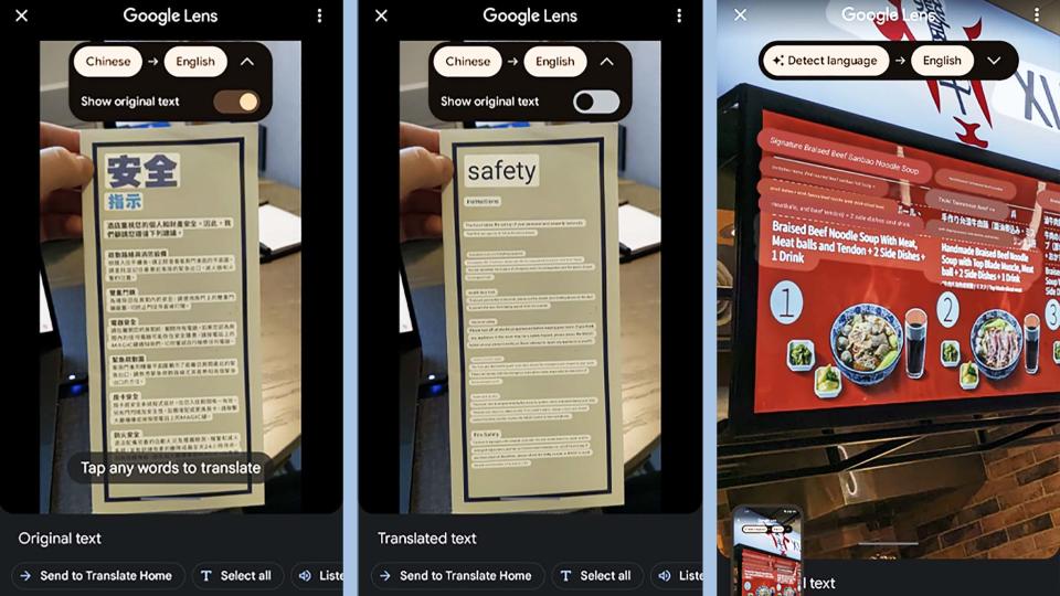 Google Translate app translating menus and notices from Chinese to English.