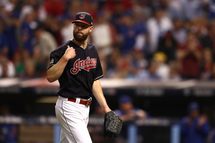 Corey Kluber wearing Cleveland blue jersey in the World Series. (Getty Images/Elsa)