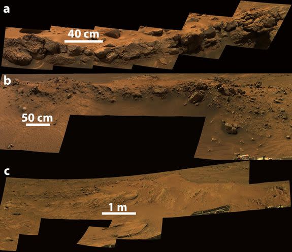 On the surface of Mars, the three Cumberland Ridge outcrops: a) Larry's Lookout, b) Jibsheet and c) Methuselah. Their progressively different terrain and levels of iron oxidation suggest they were affected by acidic fog.