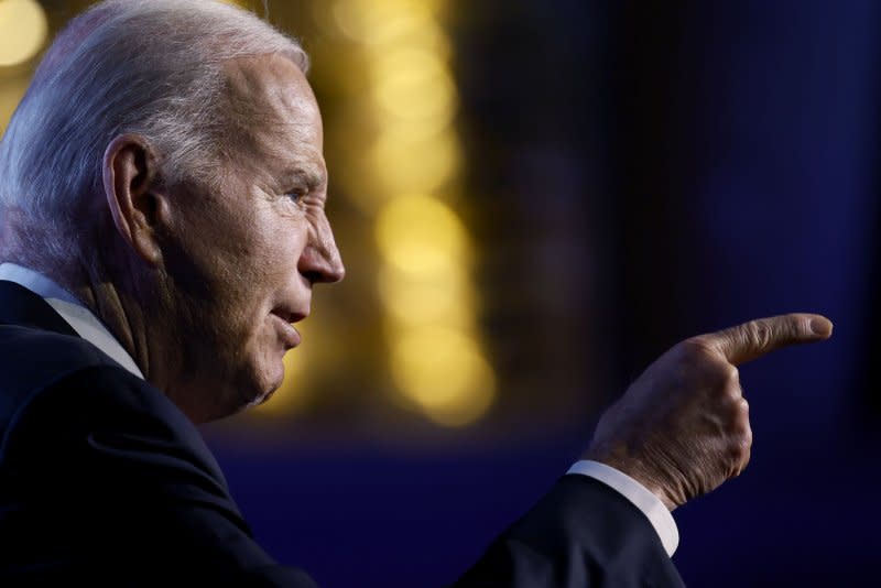 President Joe Biden discusses his efforts on the part of unionized auto workers in the country during the United Auto Workers conference in Washington, D.C., on Wednesday. Photo by Ting Shen/UPI