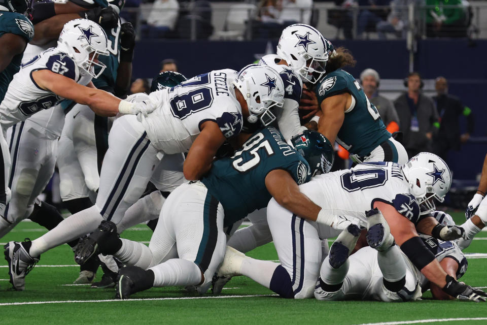 ARLINGTON, TEXAS – DECEMBER 10: Dak Prescott #4 of the Dallas Cowboys rushes for a first down during the second quarter against the Philadelphia Eagles at AT&T Stadium on December 10, 2023 in Arlington, Texas. (Photo by Richard Rodriguez/Getty Images)