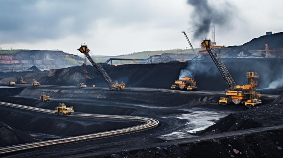 A large coal mine, with workers and tools in the foreground, the machines and coal piles in the background.