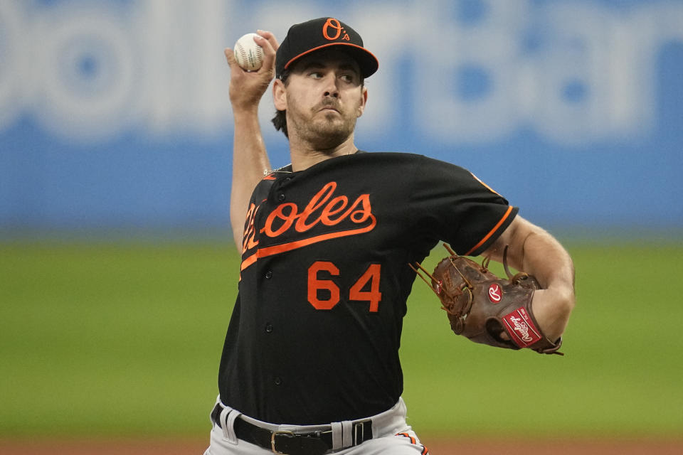 Baltimore Orioles' Dean Kremer pitches to a Cleveland Guardians batter during first inning of a baseball game Friday, Sept. 22, 2023, in Cleveland. (AP Photo/Sue Ogrocki)