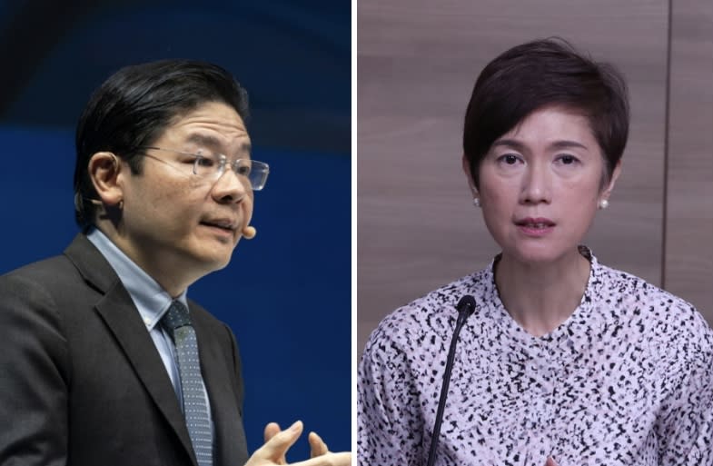 Finance Minister Lawrence Wong at Ecosperity Week 2021 and Minister for Communications and Information Josephine Teo at a Multi-Ministry Taskforce  conference. (PHOTO/SCREENSHOT: Bloomberg/MTF conference)