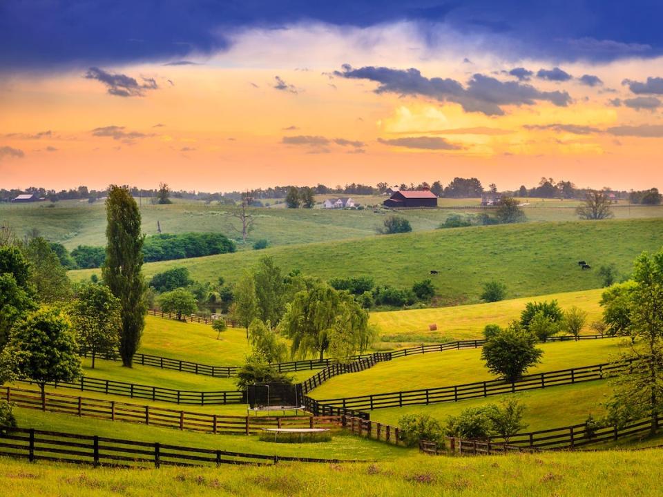 Rolling countryside hills at sunset.