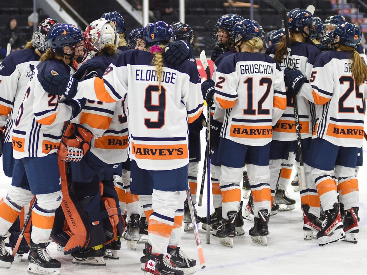 Team Harvey's celebrates after completing the comeback to defeat Team Sonnet 3-2 on Friday at the Professional Women's Hockey Players' Association's Dream Gap Tour event in Gatineau, Que. (@PWHPA/Twitter - image credit)