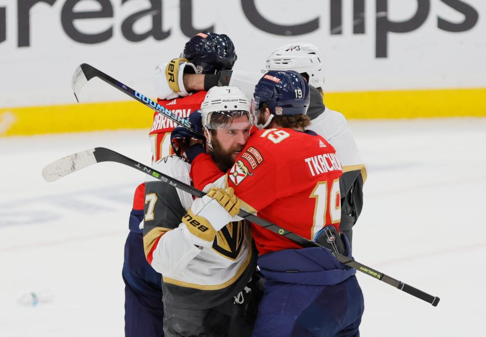 Game 4: Vegas Golden Knights defenseman Alex Pietrangelo (7) grabs hold of Florida Panthers left wing Matthew Tkachuk (19) during a scrum after the game.