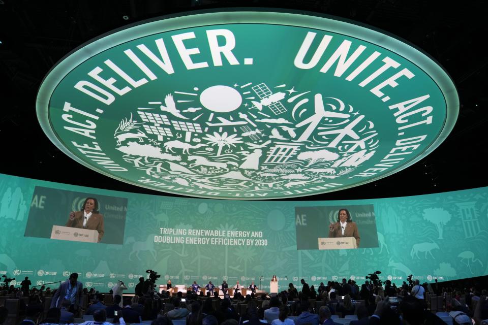 Vice President Kamala Harris speaks at the COP28 U.N. Climate Summit, Saturday, Dec. 2, 2023, in Dubai, United Arab Emirates. (AP Photo/Kamran Jebreili)