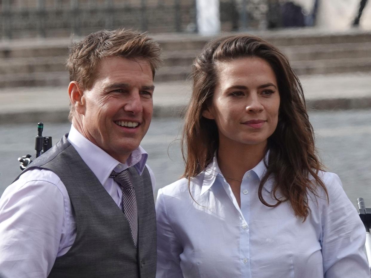 Tom Cruise and Hayley Atwell on the set of "Mission: Impossible — Dead Reckoning Part One" in Rome in October 2020.