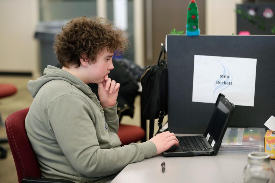 Milo Beckett uses ChatGPT, which is a free artificial intelligence software, for research on a school project at the Valley New School in Appleton. The charter school is spending this academic year investigating AI and teaching students to use it ethically.
