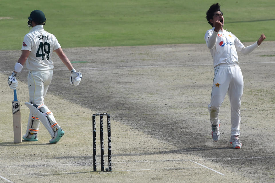 Naseem Shah, pictured here celebrating the wicket of Steve Smith on the opening day in Lahore.