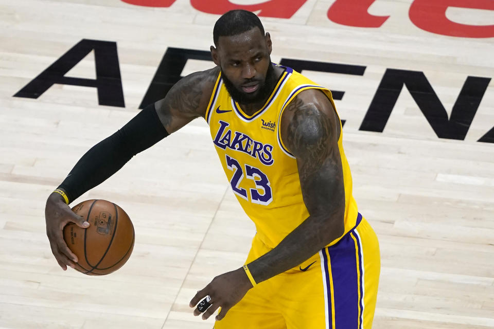 Los Angeles Lakers forward LeBron James (23) is shown against the Atlanta Hawks in the second half of an NBA basketball game Monday, Feb. 1, 2021, in Atlanta. (AP Photo/John Bazemore)