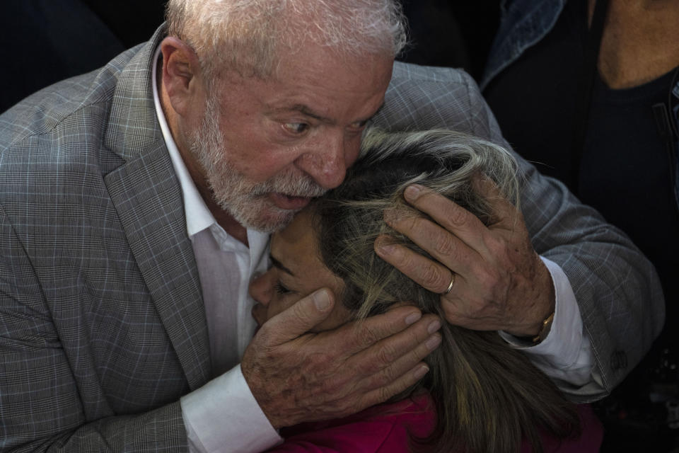 Brazil's former President Luiz Inacio Lula da Silva, who is running for president, embraces a supporter during a political rally in Sao Gonçalo, on the outskirts of Rio de Janeiro, Brazil, Friday, Sept. 9, 2022. Various polls have found that many evangelicals have migrated from da Silva to his rival, President Jair Bolsonaro, a shift attributed to the incumbent’s campaign to portray Brazil as spiritually ill and who argues only he can safeguard Christian faith. (AP Photo/Rodrigo Abd)