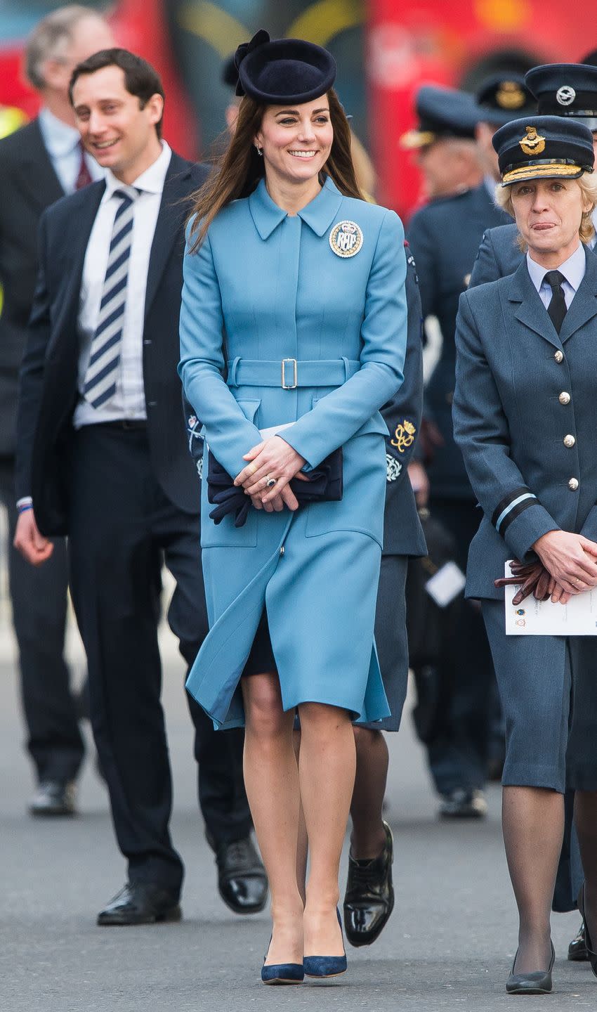 <p>Wearing a powder blue Alexander McQueen coat for the 75th anniversary of the Royal Air Force Cadets in London. </p>