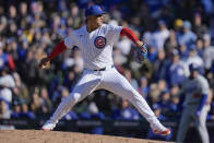 Chicago Cubs pitcher Adbert Alzolay throws against the Angeles Dodgers during the ninth inning of a baseball game Friday, April 5, 2024, in Chicago. (AP Photo/Erin Hooley)