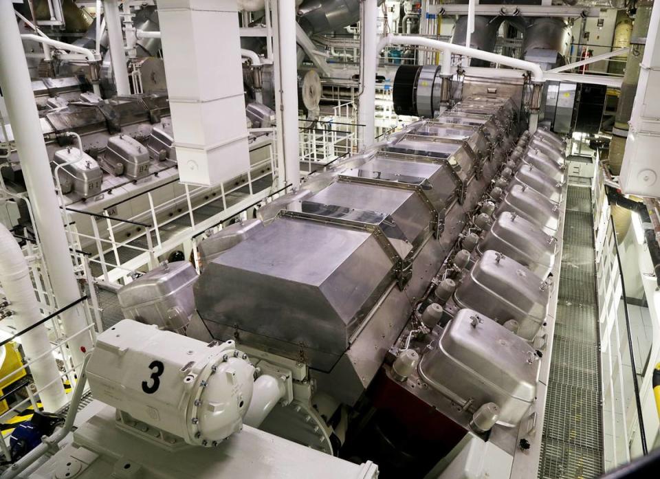 Engine room view of the Royal Caribbean’s Symphony of the Seas ship at PortMiami on Saturday, January 26, 2019. Cruise lines were installing scrubbers on the majority of their ships ahead of the IMO’s new 2020 sulfur cap.