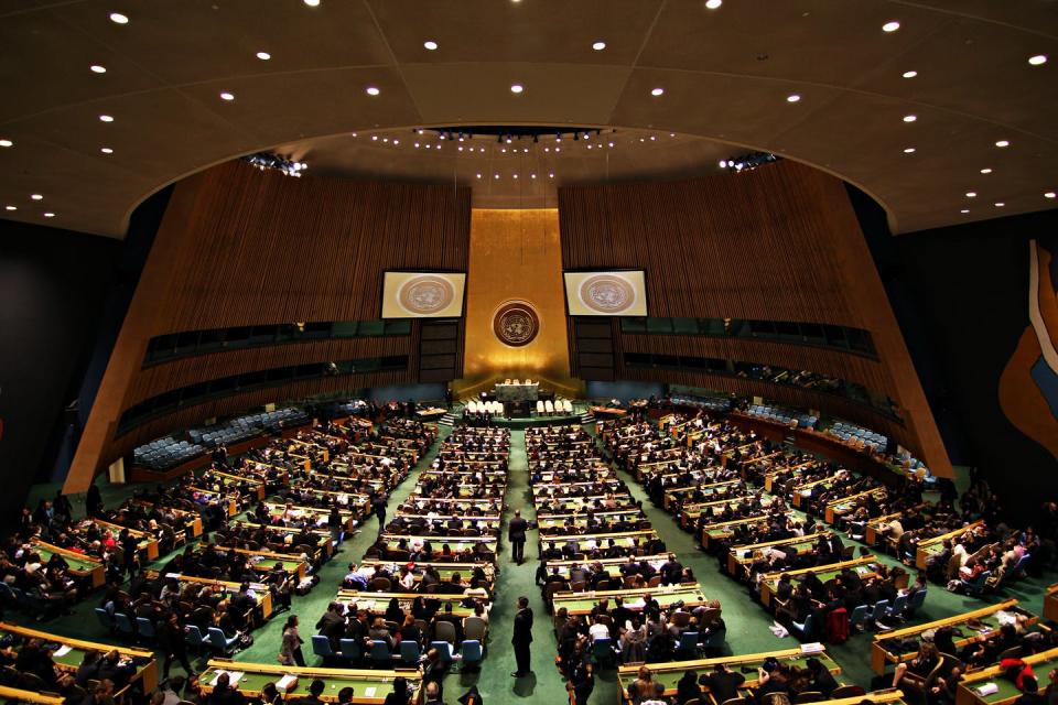 A large meeting hall in the United Nations headquarters.