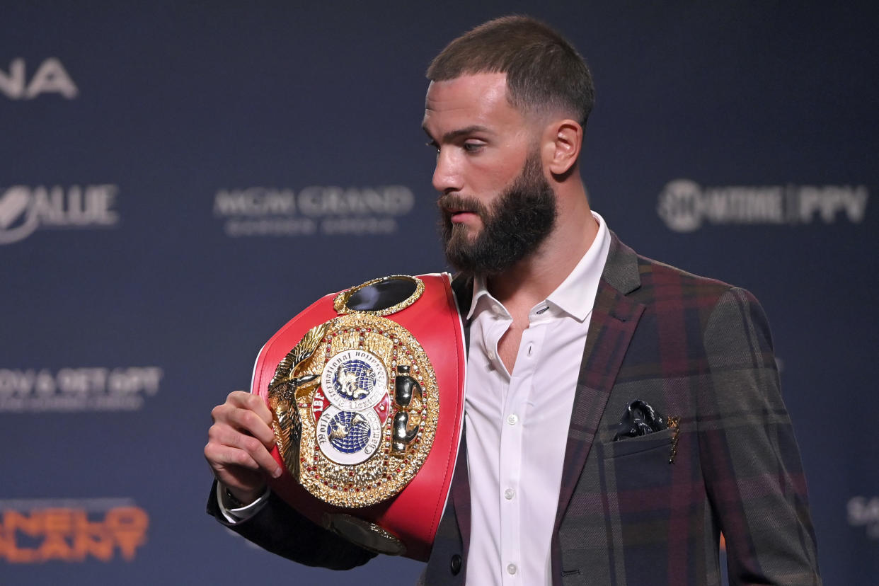 LAS VEGAS, NEVADA - NOVEMBER 03: IBF super middleweight champion Caleb Plant looks on during a news conference at MGM Grand Garden Arena on November 03, 2021 in Las Vegas, Nevada. Plant will face Canelo Alvarez on November 6 at MGM Grand Garden Arena in Las Vegas. (Photo by David Becker/Getty Images)