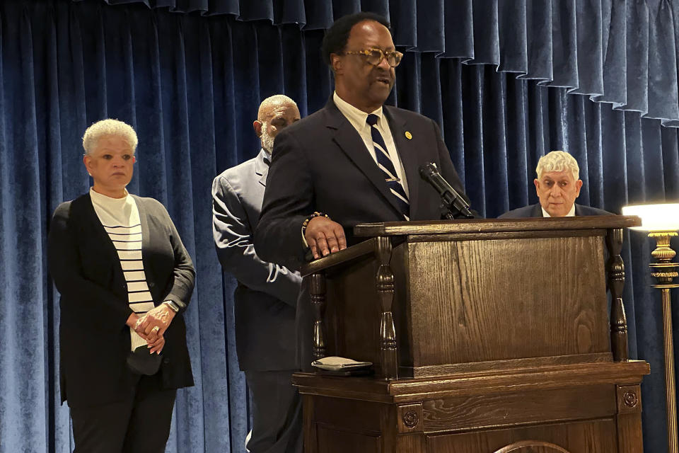 St. Louis County NAACP President John Bowman speaks during a press conference regarding a noose that was allegedly left at a Black St. Louis mechanic's desk station, Tuesday, Feb. 27, 2024, during a visit to Missouri's Capitol in Jefferson City. (AP Photo/Summer Ballentine)