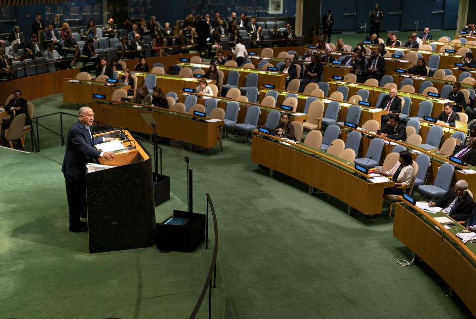 Israeli Prime Minister Benjamin Netanyahu addresses the 73rd session of the United Nations General Assembly, at U.N. headquarters, Thursday, Sept. 27, 2018. (AP Photo/Craig Ruttle)