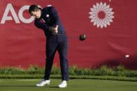 Team USA's Patrick Cantlay hits from the first tee during a foursome match the Ryder Cup at the Whistling Straits Golf Course Friday, Sept. 24, 2021, in Sheboygan, Wis. (AP Photo/Charlie Neibergall)