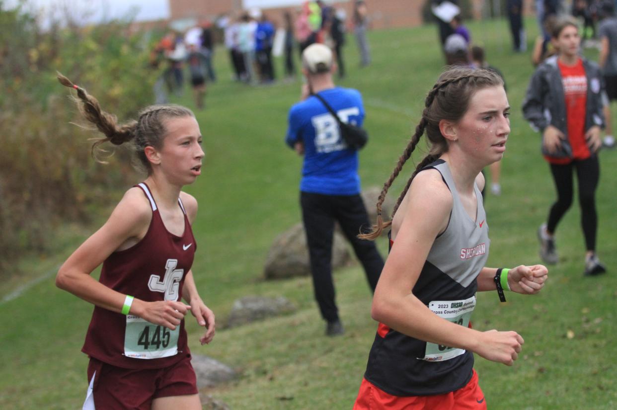 John Glenn's Ashlynn Kuklica and Sheridan's Sheriden Glanemann run the Division II regional girls championships at Pickerington North last year. The two of are among the top cross country runners back in the MVL.