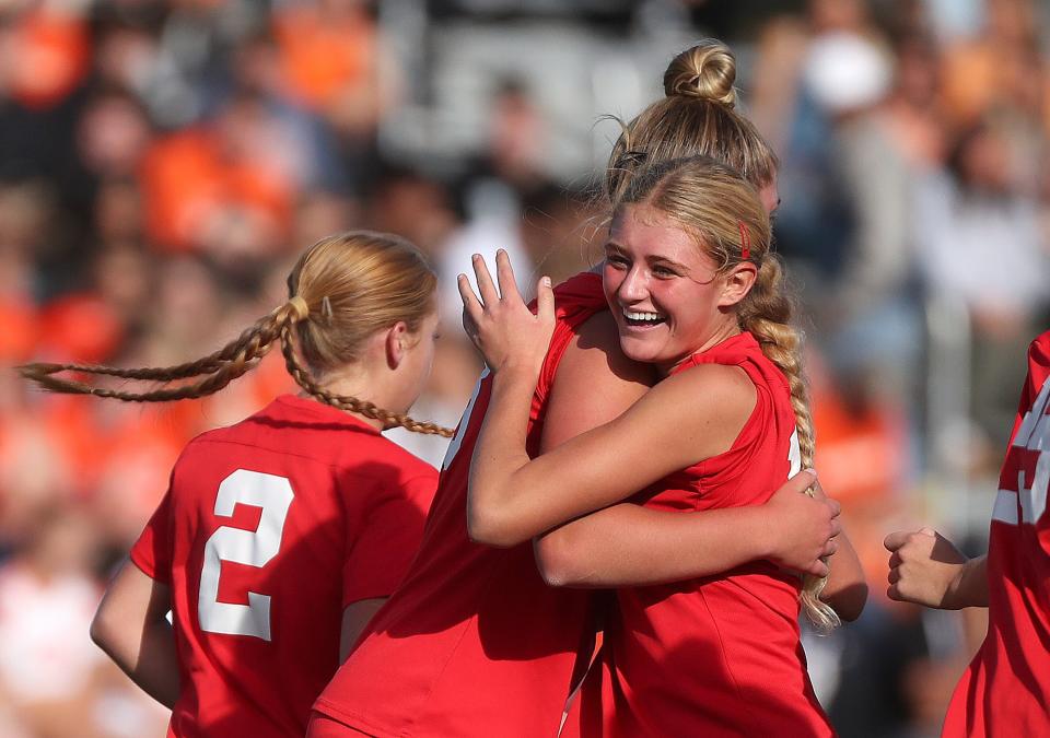 American Fork players celebrate a goal during a girls 6A soccer state semifinal game against Skyridge at Zions Bank Stadium in Herriman on Tuesday, Oct. 17, 2023. American Fork won 1-0. | Kristin Murphy, Deseret News