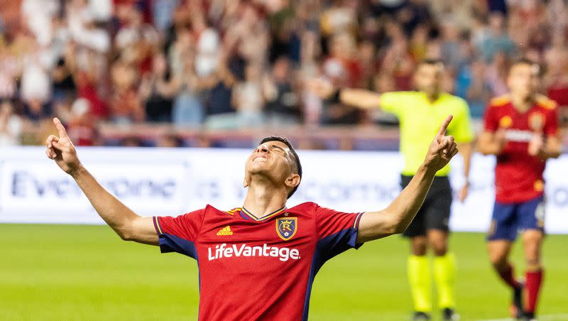 Jefferson Savarino celebrates after his goal for Real Salt Lake in the match against Orlando City at the America First Field in Sandy on Saturday, July 8, 2023.