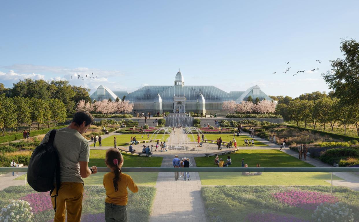 The Franklin Park Conservatory's master plan calls for a new visitors center west of the current center that would overlook the John F. Wolfe Palm House and redesigned gardens.