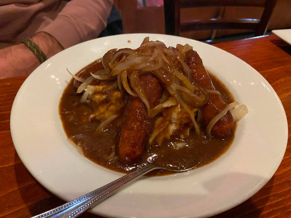 The Bangers & Mash (Irish-style sausages, mashed potato and onion gravy) is shown from Jack Demsey’s in New York City. The bar and restaurant bills itself as “offering American cuisine with a touch of Irish and English flavor.”