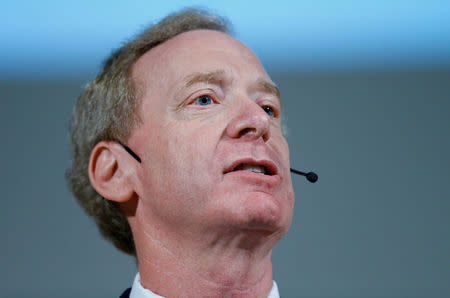 FILE PHOTO: Brad Smith, President and Chief Legal Officer of Microsoft takes part in a panel discussion at the United Nations in Geneva, Switzerland, November 9, 2017. REUTERS/Denis Balibouse/File Photo