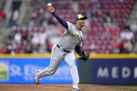 Milwaukee Brewers pitcher Joe Ross throws to a Cincinnati Reds batter during the first inning of a baseball game Tuesday, April 9, 2024, in Cincinnati. (AP Photo/Jeff Dean)