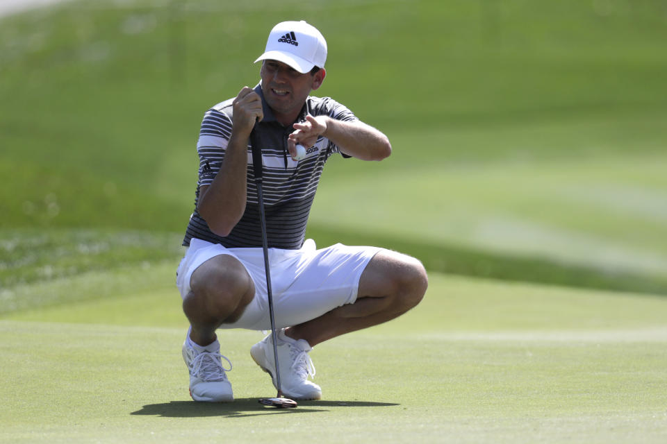 Sergio Garcia prepares to putt on the ninth green during a practice round for The Players Championship golf tournament, Wednesday, March 11, 2020, in Ponte Vedra Beach, Fla. (AP Photo/Lynne Sladky)