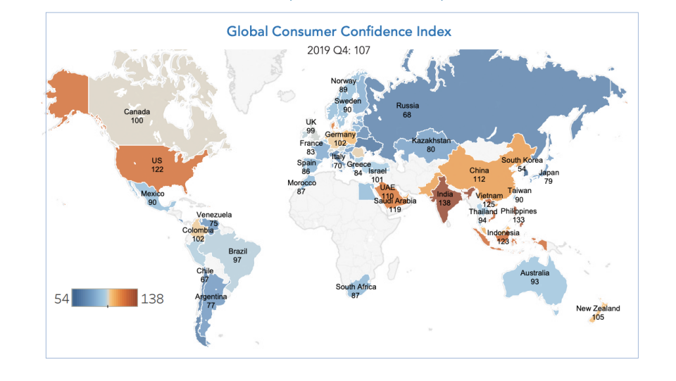 Ahead of a phase one trade deal signing, consumer confidence in the fourth quarter fell in China but rose in the United States, according to data from The Conference Board in partnership with Nielsen.