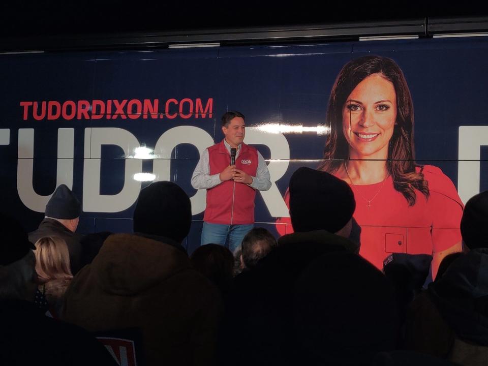 Michigan Republican Lt. Gov. hopeful Shane Hernandez speaks to supporters during a campaign rally in Grand Rapids, Michigan on November 7, 2022.