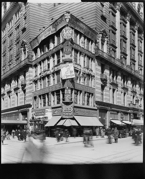 1895 Building at the corner of Broadway and 34th Street, surrounded by Macy's, New York, New York, 1895. (Photo by Geo. P. Hall & Son/The New York Historical Society/Getty Images)