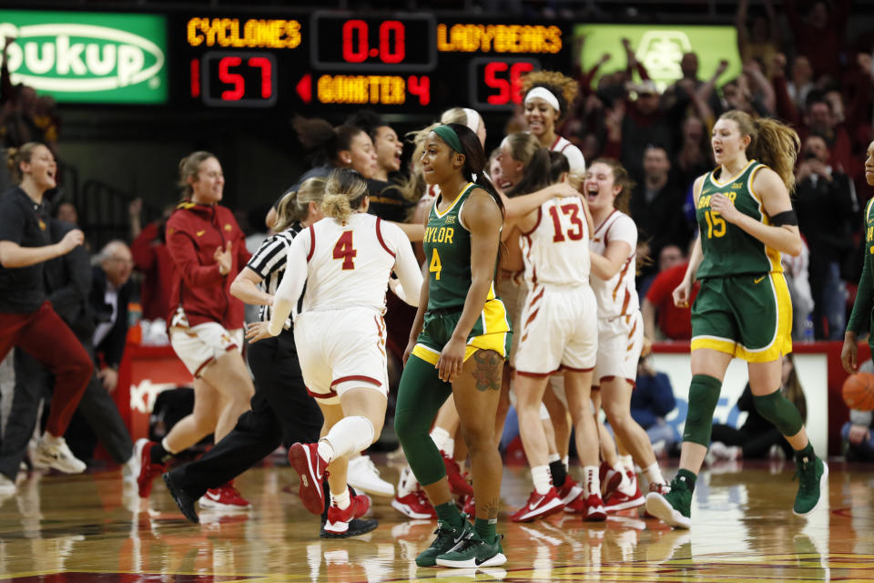 Baylor guard Te'a Cooper (4) walks off the court at the end of an NCAA college basketball game against Iowa State, Sunday, March 8, 2020, in Ames, Iowa. (AP Photo/Charlie Neibergall)