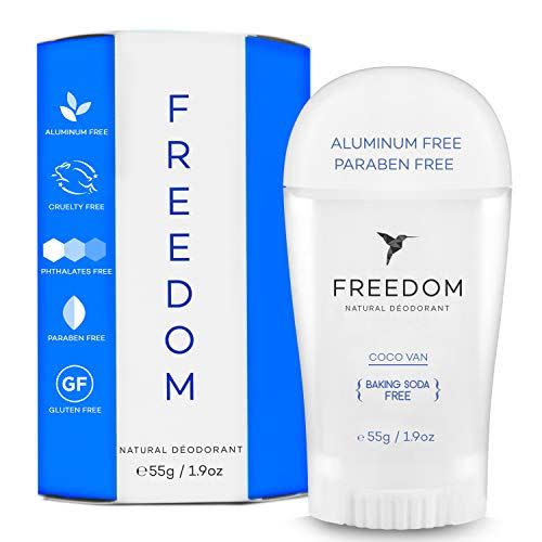 <p><strong>Freedom</strong></p><p>amazon.com</p><p><strong>$16.99</strong></p><p><a href="https://www.amazon.com/dp/B07V57VN8Z?tag=syn-yahoo-20&ascsubtag=%5Bartid%7C10055.g.790%5Bsrc%7Cyahoo-us" rel="nofollow noopener" target="_blank" data-ylk="slk:Shop Now;elm:context_link;itc:0;sec:content-canvas" class="link ">Shop Now</a></p><p>If <a href="https://www.goodhousekeeping.com/author/12308/april-franzino/" rel="nofollow noopener" target="_blank" data-ylk="slk:Beauty Director April Franzino;elm:context_link;itc:0;sec:content-canvas" class="link ">Beauty Director April Franzino</a> reaches for a natural deodorant, this is the one she'll use. Since it's made without baking soda, this natural deodorant helps avoid underarm skin irritation, like itchiness, bumpiness and inflammation, she says."I’ve been disappointed by most of the 'natural' deodorants I’ve tried, but this one has<strong> a formula that doesn’t feel overly sticky on skin, isn’t irritating</strong>, and the softly sweet coconut vanilla scent is amazing," she says. "I especially love the mini travel size and that the brand was founded by a female entrepreneur!"</p>