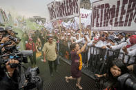 Presidential candidate Claudia Sheinbaum arrives at her closing campaign rally at the Zocalo in Mexico City, May 29, 2024. Mexico's general election is set for June 2. (AP Photo/Eduardo Verdugo)