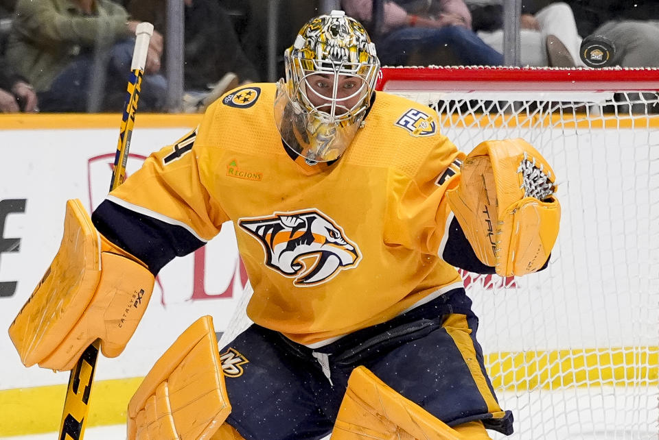 Nashville Predators goaltender Juuse Saros (74) plays during the first period of an NHL hockey game against the Vegas Golden Knights, Tuesday, March 26, 2024, in Nashville, Tenn. (AP Photo/George Walker IV)