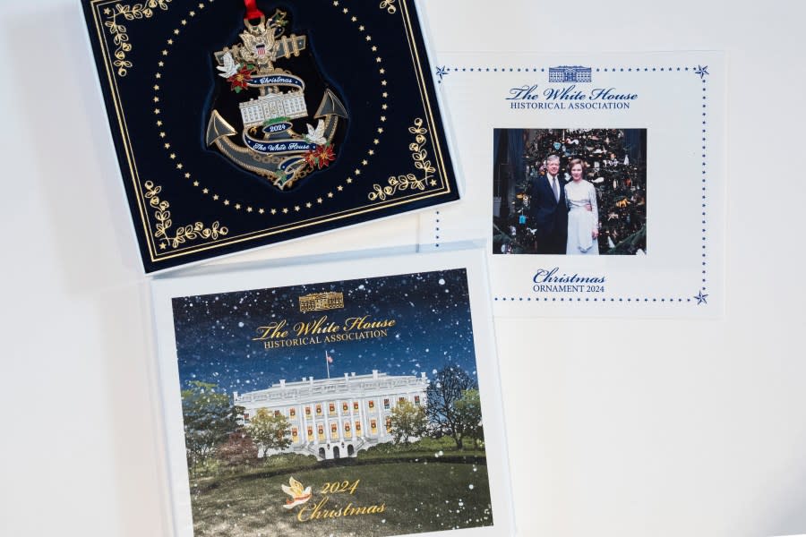 The 2024 White House Christmas Ornament featuring former President Jimmy Carter, is seen at the White House Historical Association Wednesday, Feb. 21, 2024, in Washington. Carter is the first of the U.S. presidents to be honored with an official White House Christmas ornament while still living. (AP Photo/Evan Vucci)