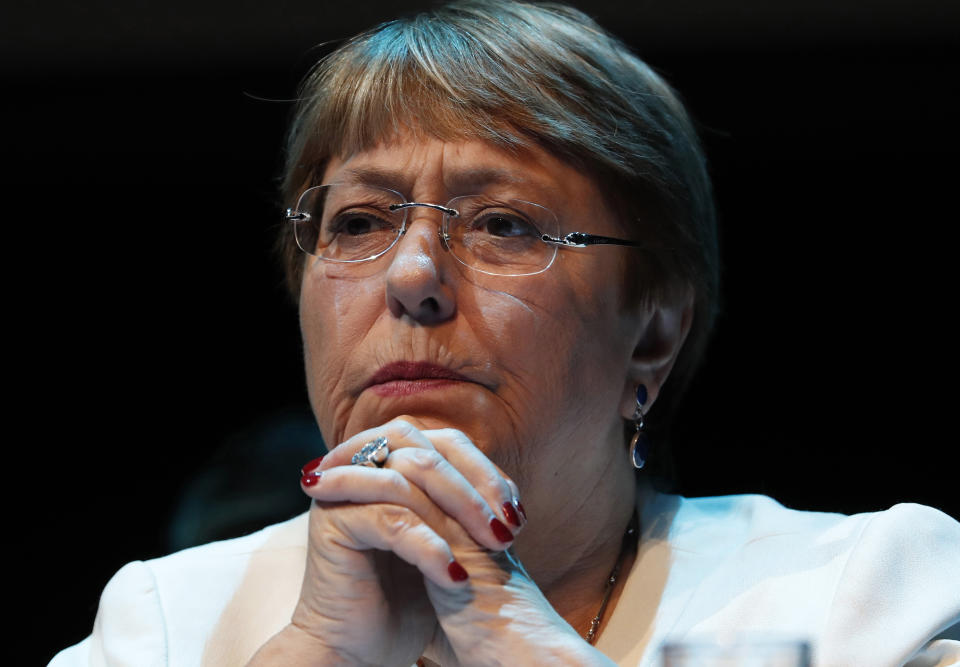 FILE - In this April 9, 2019, file photo Michelle Bachelet, United Nations High Commissioner for Human Rights, attends a press conference at the Cultural Center of Spain, in Mexico City. An internal confidential document from the United Nations, leaked to The New Humanitarian and seen by The Associated Press, says that dozens of servers were “compromised” at offices in Geneva and Vienna. Those include the U.N. human rights office, which has often been a lightning rod of criticism from autocratic governments for its calling-out of rights abuses. (AP Photo/Marco Ugarte, File)