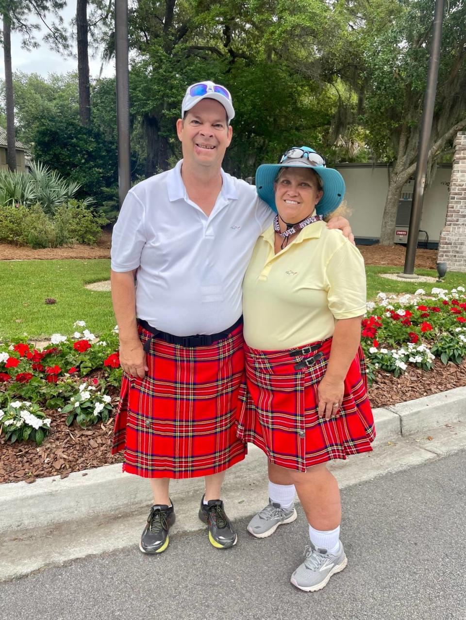 Robert and Jeanne Thompson sporting their kilts for the 2nd year in a row. This has become an annual tradition for couple.