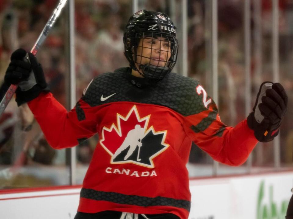 Sarah Nurse, seen above celebrating her OT winner against Sweden at worlds, displays her versatility on and off the ice. (Frank Gunn/The Canadian Press - image credit)