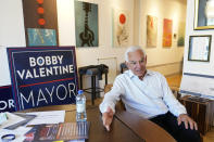 Former New York Mets manager Bobby Valentine speaks during an interview with The Associated Press, Thursday, Oct. 21, 2021, at his campaign headquarters in Stamford, Conn. Valentine is running as an unaffiliated candidate against 35-year-old Harvard-educated state Rep. Caroline Simmons, who upset the sitting Democratic mayor in a September primary. (AP Photo/Mary Altaffer)