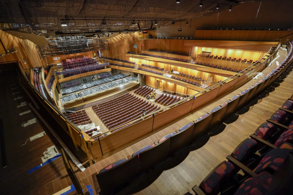 The newly renovated Wsu Tsai Theater at David Geffen Hall appears Thursday, Aug. 25, 2022, at the Lincoln Center for the Performing Arts in New York. Geffen Hall opens Oct. 8 following a $550 million renovation with the orchestra’s first concert there since March 10, 2020, the final performance before the pandemic shutdown. (AP Photo/Mary Altaffer)