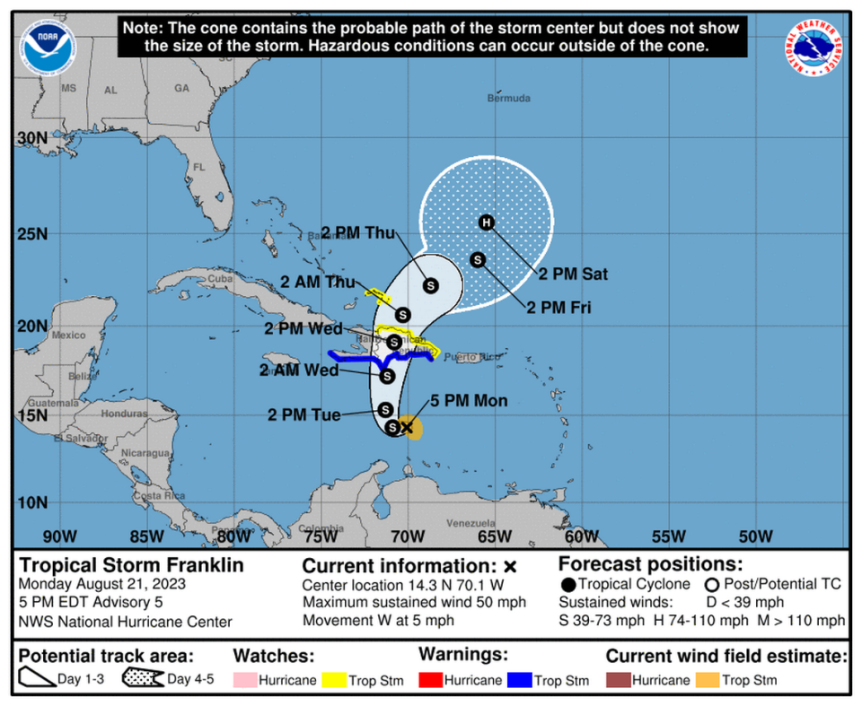 Tropical Storm Franklin remains on track to bring flooding rains to Haiti and the Dominican Republic starting early Wednesday.